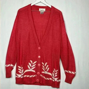 Jaclyn Smith Womens Cardigan Tangerine White L Floral Print Button Down Vintage